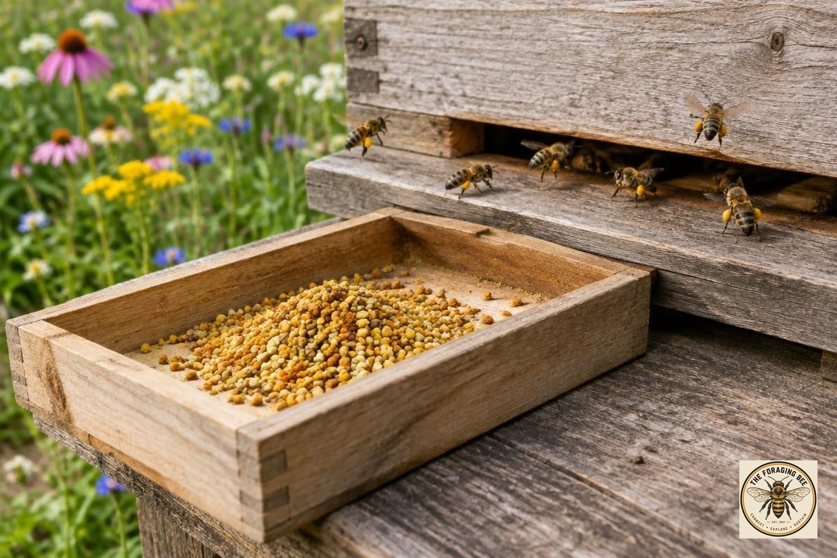 Illustrative image: a modest pollen collection beside a wooden hive entrance, with returning pollen-laden bees and flowers; not a verified photograph of Mark’s colonies.