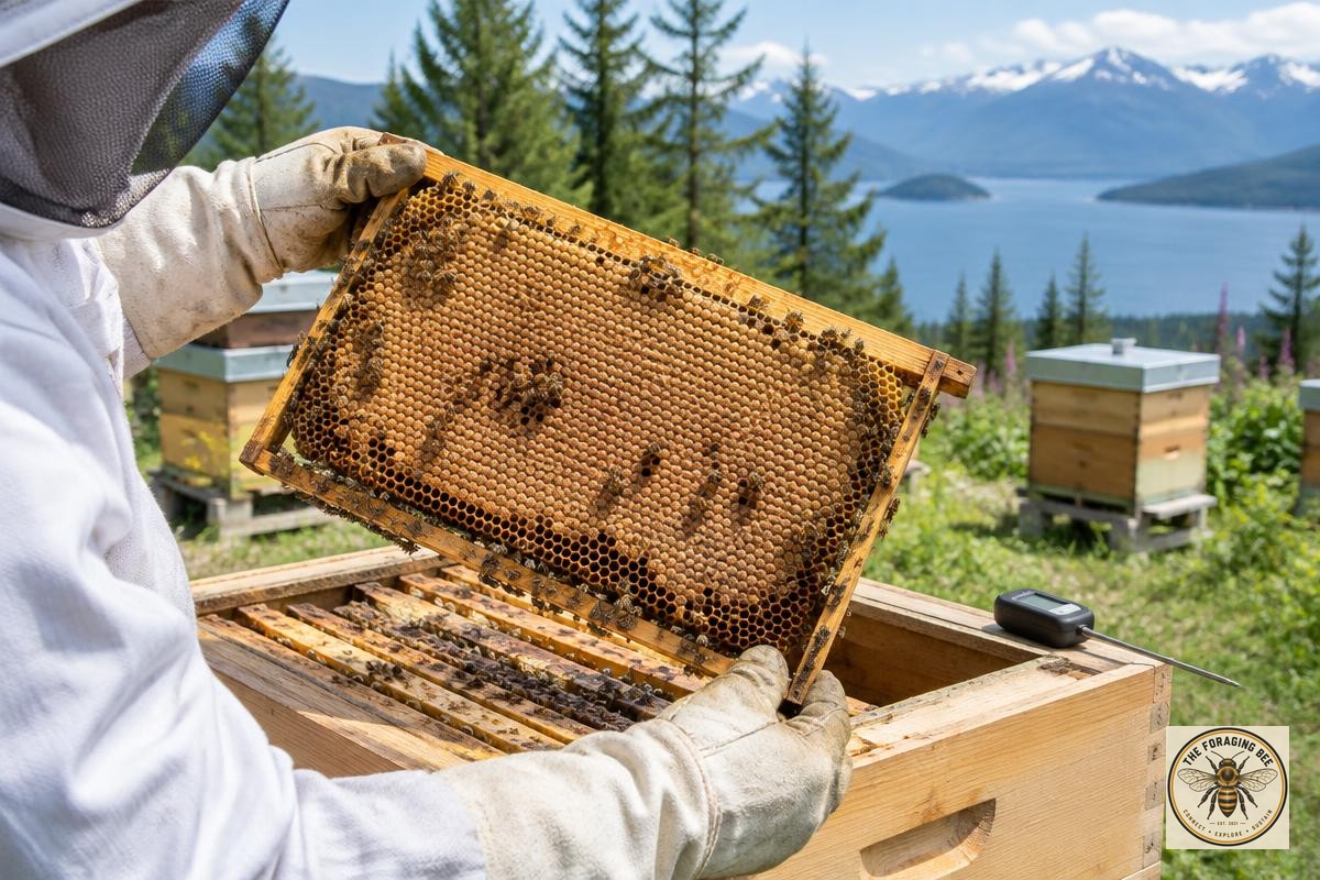 Illustrative image: a beekeeper examining capped brood beside a temperature probe in a British Columbia-style apiary; no heat treatment is depicted; not a verified photograph of Mark’s colonies.