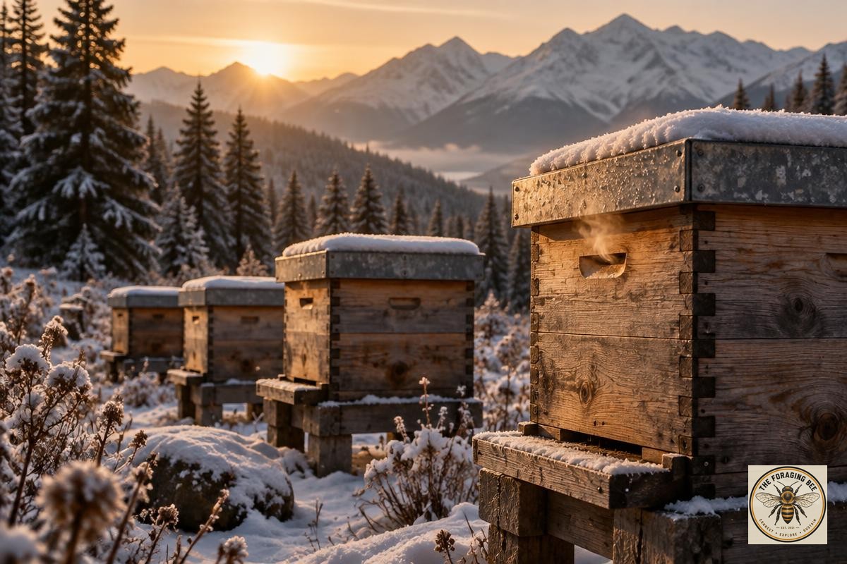 Illustrative image: weathered wooden beehives under fresh snow at dawn, with warm air rising from a small upper entrance; not a verified photograph of Mark’s colonies.